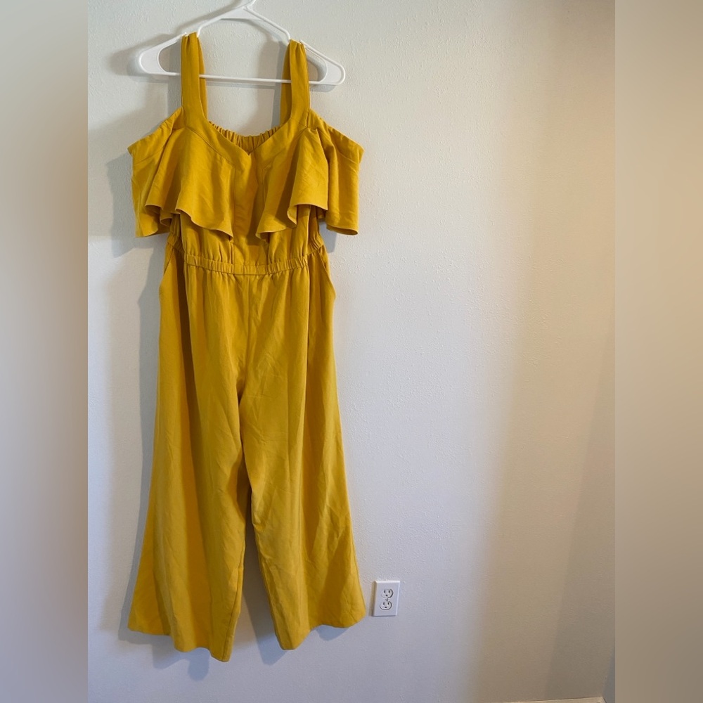 NWT - Yellow Ruffled Off Shoulder Wide Leg Jumpsuit 12/14 Lane Bryant